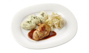 Kipfilet met kippenjus met gestoofde witlof en aardappelpuree met tuinkruiden